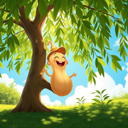 A whimsical scene featuring a cheerful peanut singing joyfully while perched among the lush green leaves of a graceful willow tree