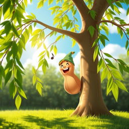 A whimsical scene featuring a cheerful peanut singing joyfully while perched among the lush green leaves of a graceful willow tree