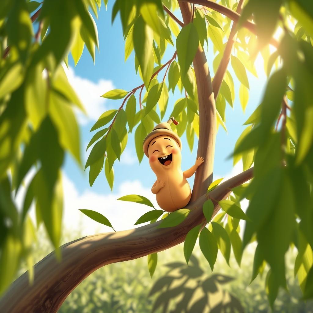 A whimsical scene featuring a cheerful peanut singing joyfully while perched among the lush green leaves of a graceful willow tree