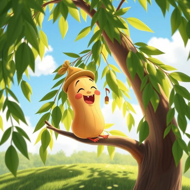 A whimsical scene featuring a cheerful peanut singing joyfully while perched among the lush green leaves of a graceful willow tree