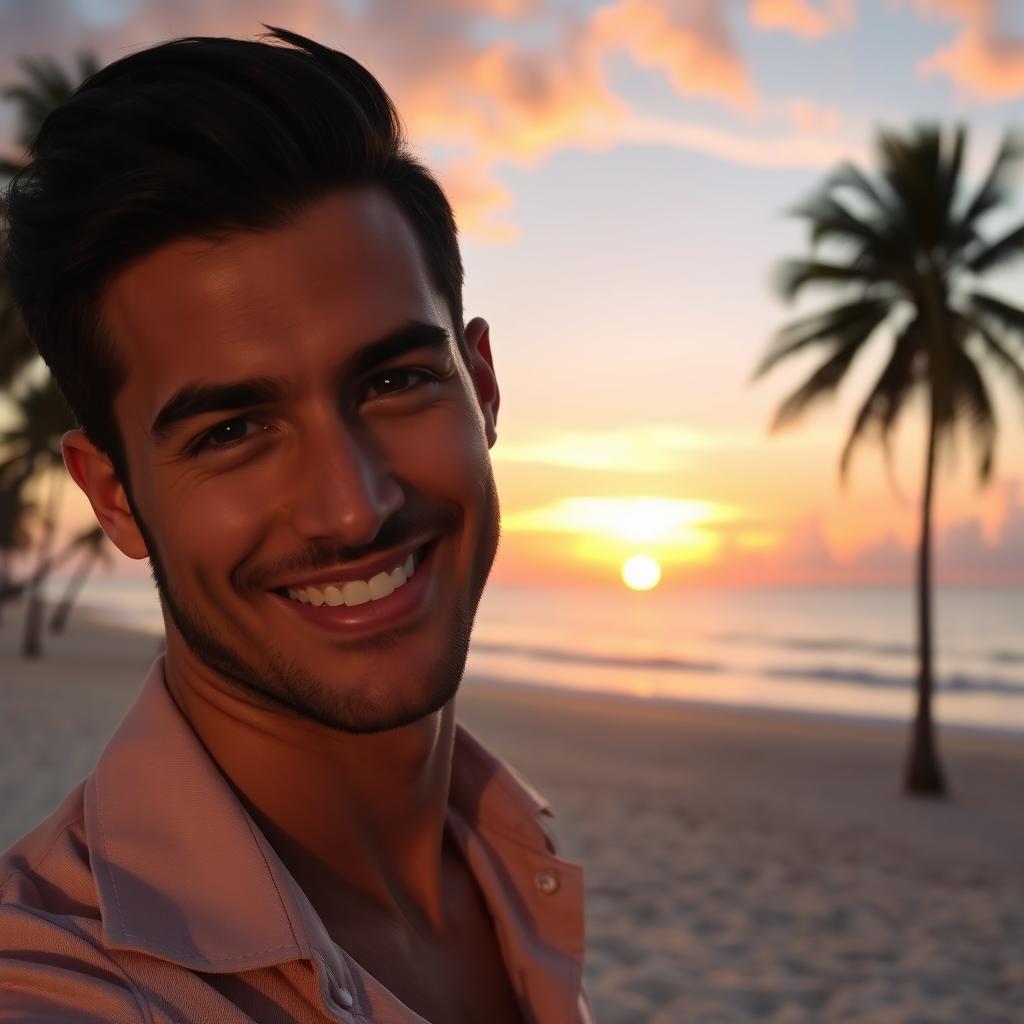 A handsome man with chiseled features, dark hair, and a charming smile, gazing directly at the viewer with an engaging expression