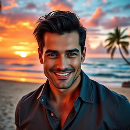 A handsome man with chiseled features, dark hair, and a charming smile, gazing directly at the viewer with an engaging expression