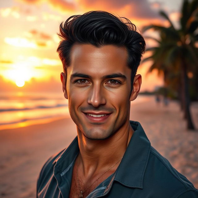 A handsome man with chiseled features, dark hair, and a charming smile, gazing directly at the viewer with an engaging expression