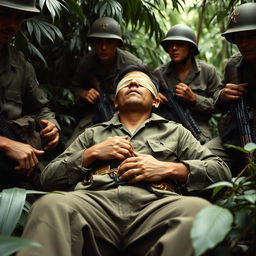 A dramatic and historically themed scene depicting a blindfolded Viet Cong soldier, bound and restrained in a stress position, surrounded by American soldiers during the Vietnam War, in the year 1967