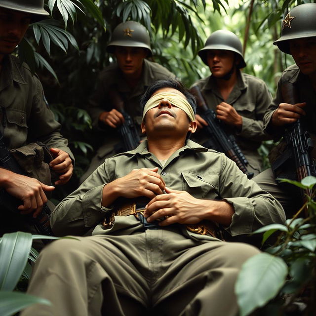 A dramatic and historically themed scene depicting a blindfolded Viet Cong soldier, bound and restrained in a stress position, surrounded by American soldiers during the Vietnam War, in the year 1967