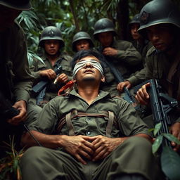 A dramatic and historically themed scene depicting a blindfolded Viet Cong soldier, bound and restrained in a stress position, surrounded by American soldiers during the Vietnam War, in the year 1967