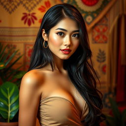 A glamorous portrait of a beautiful Indonesian female artist, showcasing her elegance and charm