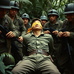 A dramatic and historically themed scene depicting a blindfolded Viet Cong soldier, bound and restrained in a stress position, surrounded by American soldiers during the Vietnam War, in the year 1967