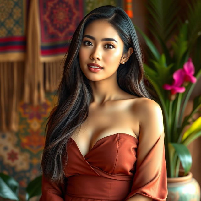 A glamorous portrait of a beautiful Indonesian female artist, showcasing her elegance and charm
