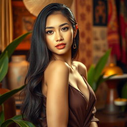 A glamorous portrait of a beautiful Indonesian female artist, showcasing her elegance and charm