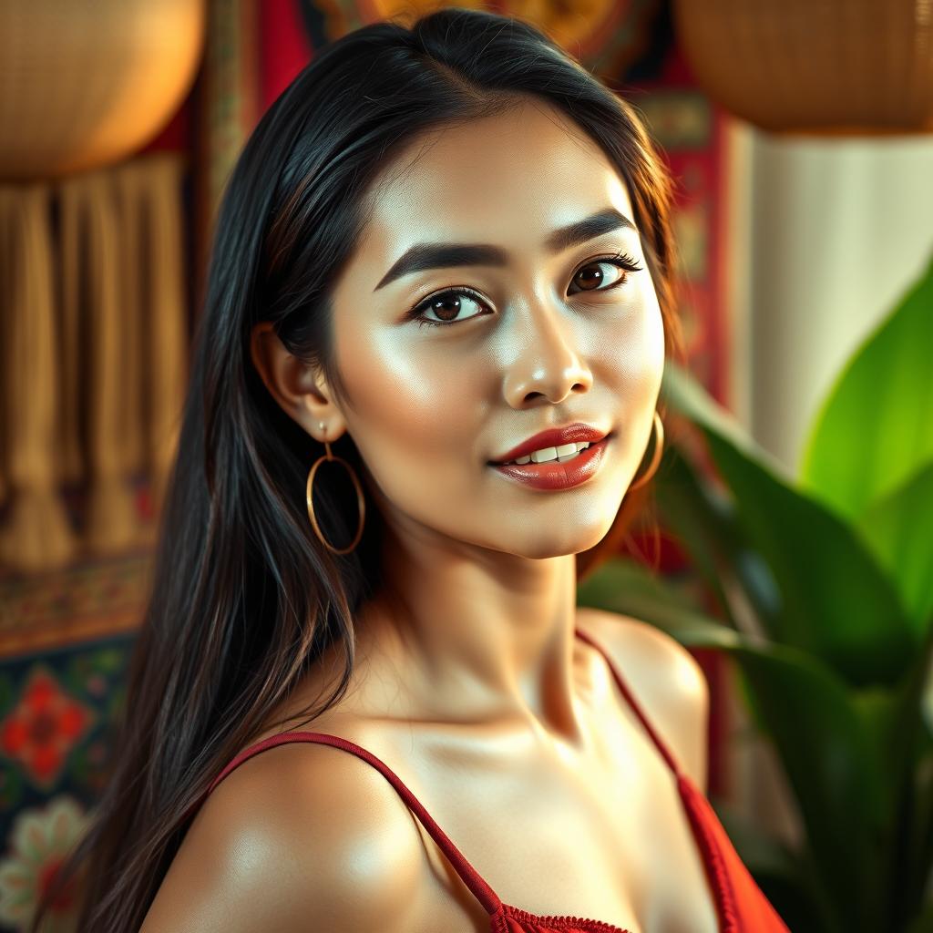 A glamorous portrait of a beautiful Indonesian female artist, showcasing her elegance and charm