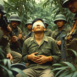 A dramatic and historically themed scene depicting a blindfolded Viet Cong soldier, bound and restrained in a stress position, surrounded by American soldiers during the Vietnam War, in the year 1967