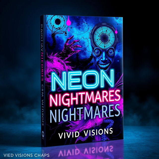 A striking book cover design for 'Neon Nightmares' by Vivid Visions