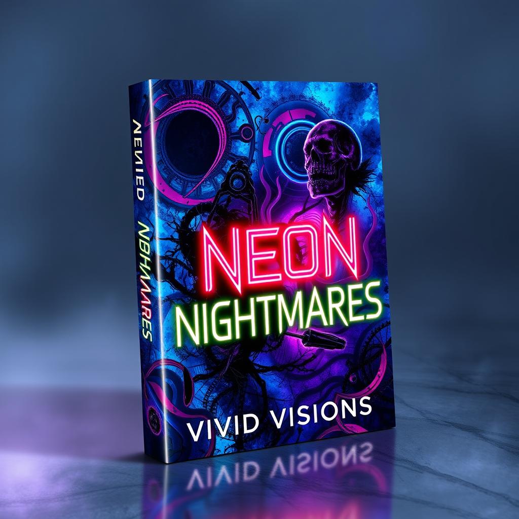 A striking book cover design for 'Neon Nightmares' by Vivid Visions