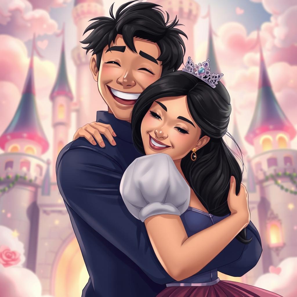 A joyful scene featuring a man with black hair and a huge smile, hugging a beautiful princess with black hair and eyes from behind