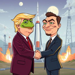 A humorous illustration depicting Donald Trump and Elon Musk shaking hands, both with exaggerated Pepe the Frog faces to emphasize the meme style