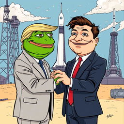 A humorous illustration depicting Donald Trump and Elon Musk shaking hands, both with exaggerated Pepe the Frog faces to emphasize the meme style