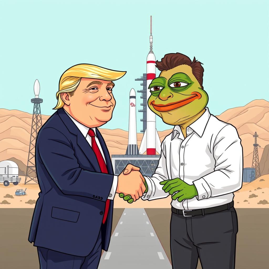 A humorous illustration depicting Donald Trump and Elon Musk shaking hands, both with exaggerated Pepe the Frog faces to emphasize the meme style
