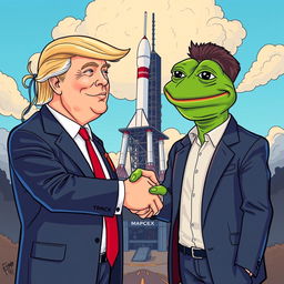 A humorous illustration depicting Donald Trump and Elon Musk shaking hands, both with exaggerated Pepe the Frog faces to emphasize the meme style