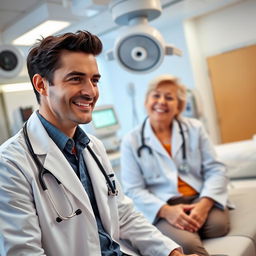 A focused and professional doctor in a modern hospital setting, wearing a pristine white coat, stethoscope around their neck, engaged in examining a patient
