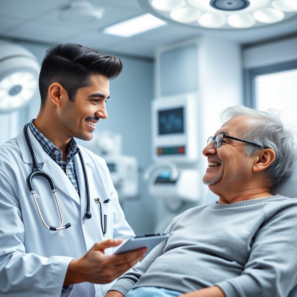 A focused and professional doctor in a modern hospital setting, wearing a pristine white coat, stethoscope around their neck, engaged in examining a patient