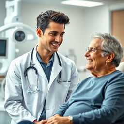 A focused and professional doctor in a modern hospital setting, wearing a pristine white coat, stethoscope around their neck, engaged in examining a patient