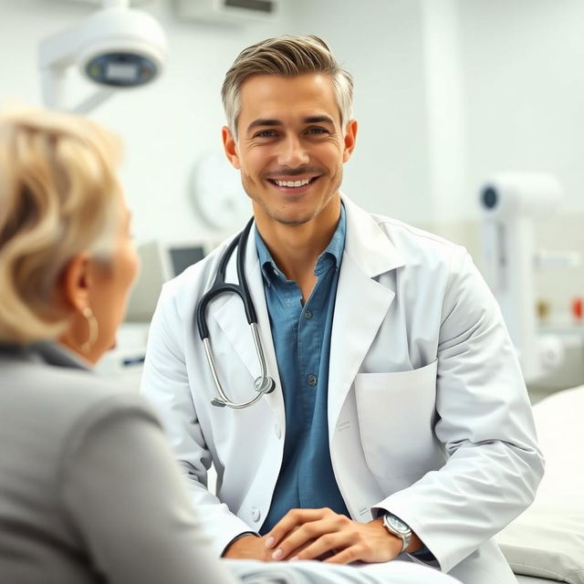 A focused and professional doctor in a modern hospital setting, wearing a pristine white coat, stethoscope around their neck, engaged in examining a patient