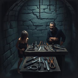 A dark, eerie dungeon scene where a person is chained at each limb, looking fearful and helpless