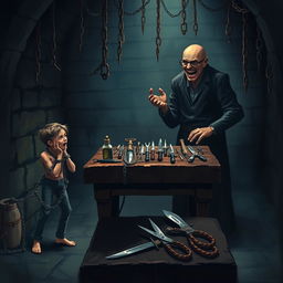 A dark, eerie dungeon scene where a person is chained at each limb, looking fearful and helpless