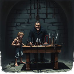A dark, eerie dungeon scene where a person is chained at each limb, looking fearful and helpless