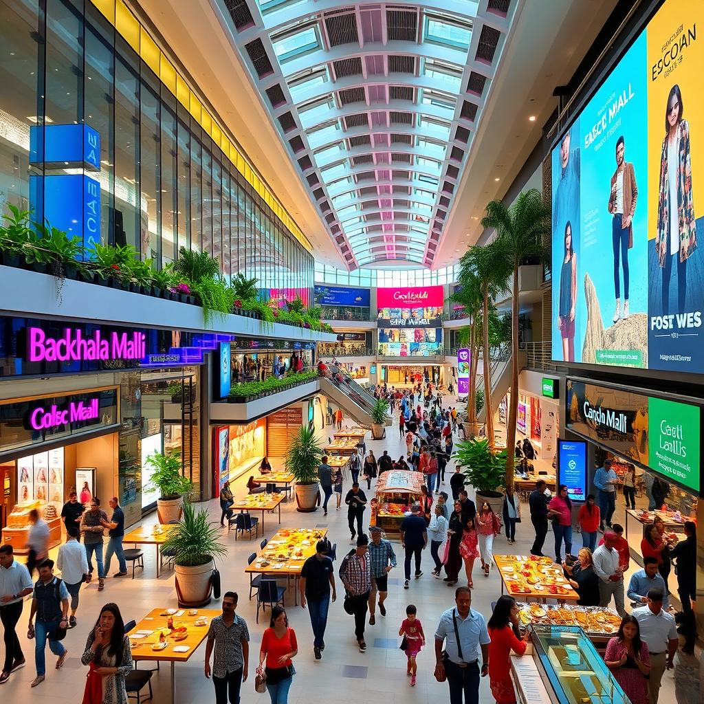 A vibrant, modern mall named 'Bachhala Malli' in 2024, showcasing a sleek architectural design with glass facades, colorful signage, and the bustling activity of shoppers