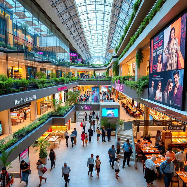 A vibrant, modern mall named 'Bachhala Malli' in 2024, showcasing a sleek architectural design with glass facades, colorful signage, and the bustling activity of shoppers