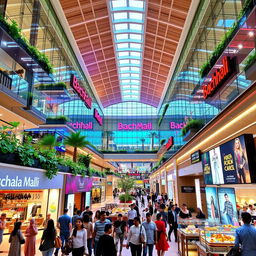 A vibrant, modern mall named 'Bachhala Malli' in 2024, showcasing a sleek architectural design with glass facades, colorful signage, and the bustling activity of shoppers