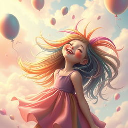 A surreal art piece featuring a girl with vibrant, flowing hair bobbing her head up and down in a whimsical, dream-like landscape