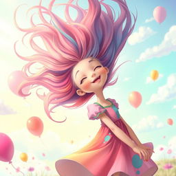 A surreal art piece featuring a girl with vibrant, flowing hair bobbing her head up and down in a whimsical, dream-like landscape