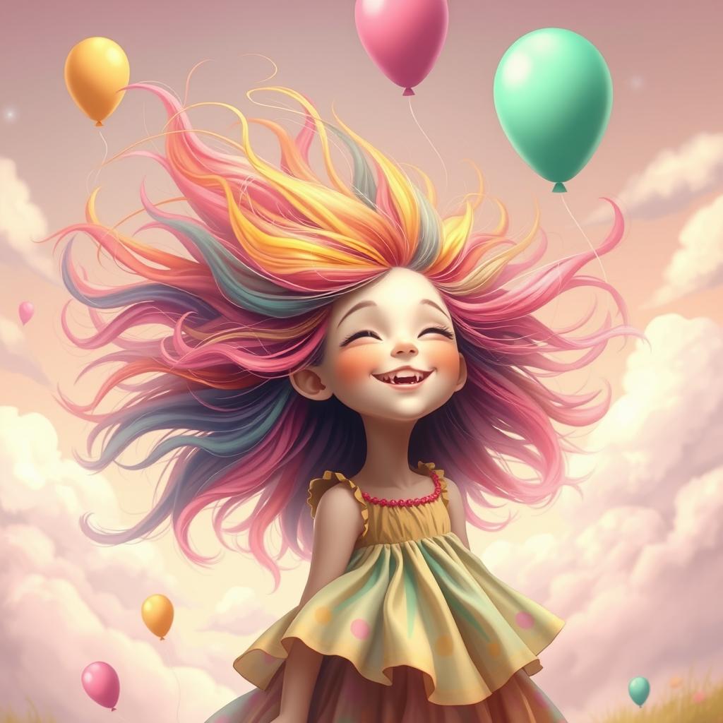A surreal art piece featuring a girl with vibrant, flowing hair bobbing her head up and down in a whimsical, dream-like landscape