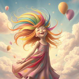 A surreal art piece featuring a girl with vibrant, flowing hair bobbing her head up and down in a whimsical, dream-like landscape