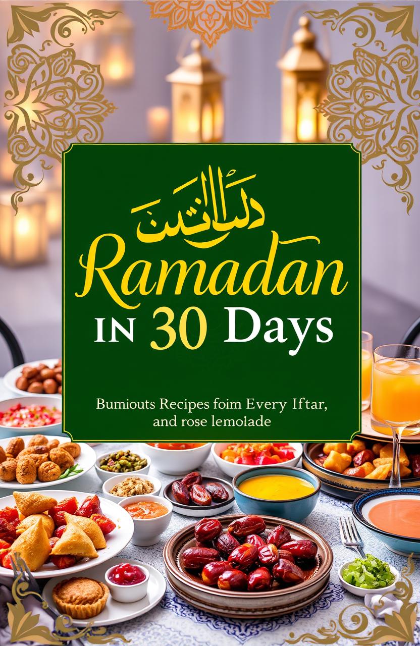 A beautifully styled cookbook cover for 'Ramadan in 30 Days: Delicious Recipes for Every Iftar'