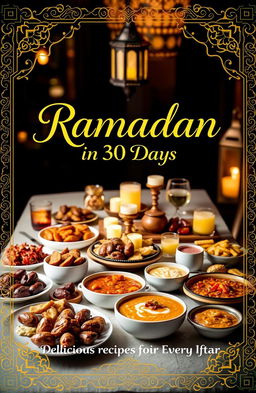 A beautifully styled cookbook cover for 'Ramadan in 30 Days: Delicious Recipes for Every Iftar'