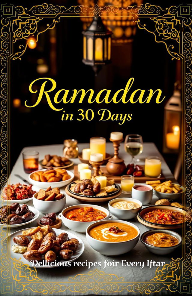 A beautifully styled cookbook cover for 'Ramadan in 30 Days: Delicious Recipes for Every Iftar'