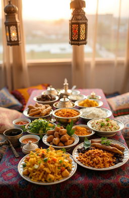 A beautifully arranged table set for Iftar during Ramadan, showcasing a variety of traditional delicious dishes like dates, samosas, biryani, kebabs, and fresh salads