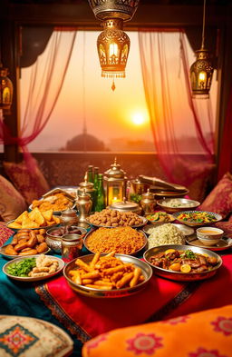 A beautifully arranged table set for Iftar during Ramadan, showcasing a variety of traditional delicious dishes like dates, samosas, biryani, kebabs, and fresh salads