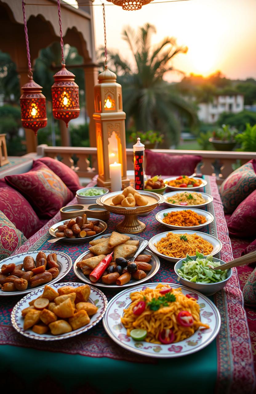 A beautifully arranged table set for Iftar during Ramadan, showcasing a variety of traditional delicious dishes like dates, samosas, biryani, kebabs, and fresh salads