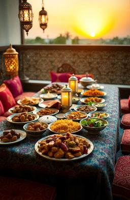 A beautifully arranged table set for Iftar during Ramadan, showcasing a variety of traditional delicious dishes like dates, samosas, biryani, kebabs, and fresh salads
