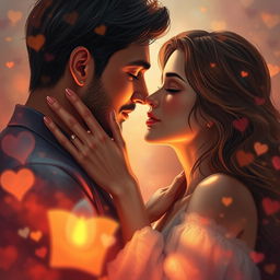 A close-up artistic rendering of a passionate embrace between two lovers, surrounded by a dreamy, enchanting atmosphere filled with warm colors and soft lighting