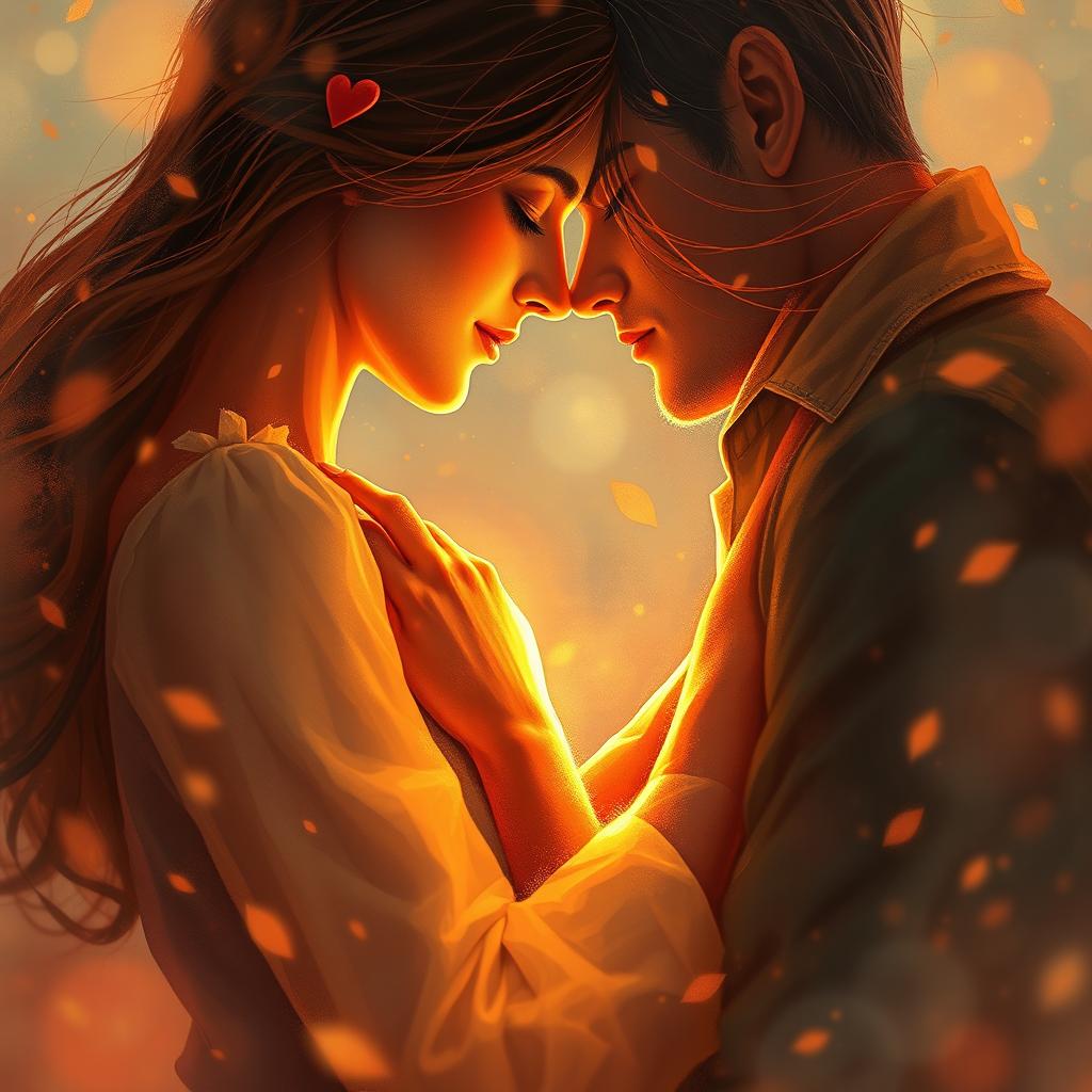 A close-up artistic rendering of a passionate embrace between two lovers, surrounded by a dreamy, enchanting atmosphere filled with warm colors and soft lighting