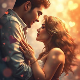 A close-up artistic rendering of a passionate embrace between two lovers, surrounded by a dreamy, enchanting atmosphere filled with warm colors and soft lighting