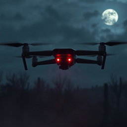 A sleek black drone hovering ominously in a dark, cloudy sky, with sharp angular features and glowing red lights