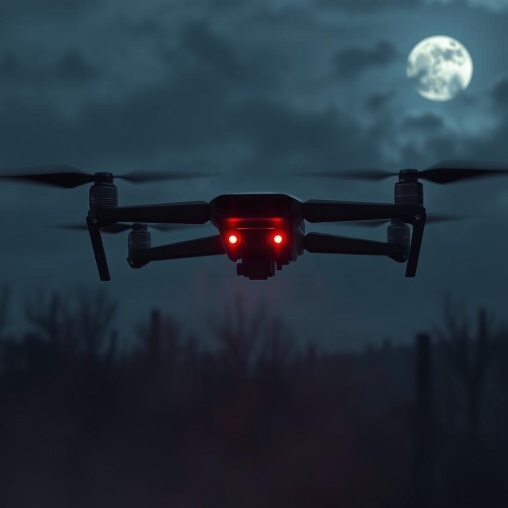 A sleek black drone hovering ominously in a dark, cloudy sky, with sharp angular features and glowing red lights