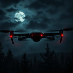 A sleek black drone hovering ominously in a dark, cloudy sky, with sharp angular features and glowing red lights